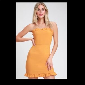 XS Golden Yellow Strapless Ruffled Bodycon Dress